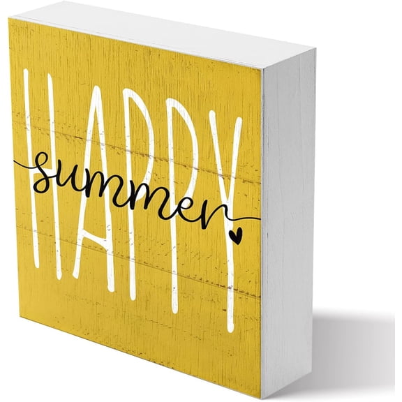 Cskhip Summer Happy Wooden Box Signs,Home Decor Rustic Summer Desk Decor,Wooden Plaque For Bookshelves Tables Bedrooms Office Classroom Decorations,Gifts For Women Man 5x5 inch