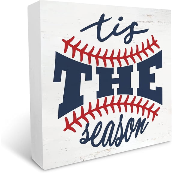 Cskhip Tis the Season Baseball Wood Box Sign Home Decor Rustic Baseball Lovers Wooden Box Sign Block Plaque for Wall Tabletop Desk Decoration 5x5 inch