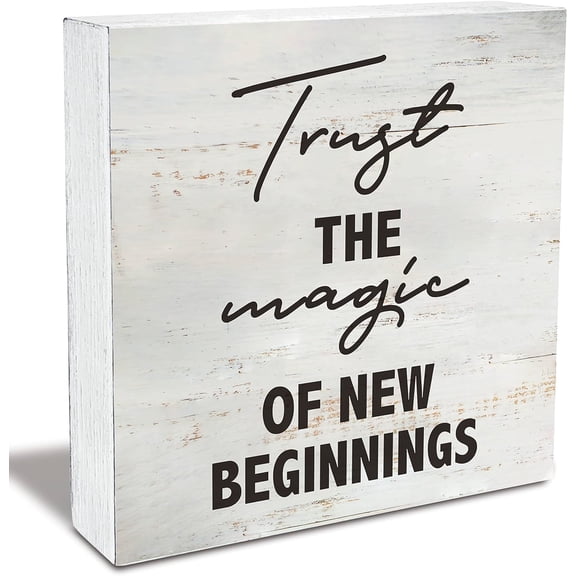 Cskhip Trust the Magic of New Beginnings Wood Box Sign Rusitc Inspirational Quote Wooden Box Sign Farmhouse Home Office Desk Shelf Decor 5x5 inch