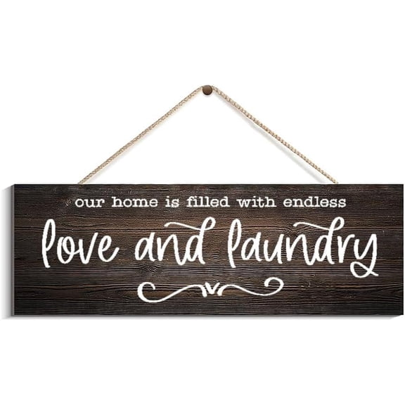 Cskhip Wooden Hanging Sign Wood Plaque Our Home is Filled with Endless Love and Laundry Laundry Sign Cabin Sign Outdoor Sign Rustic Welcome Rustic Decor Family Wooden Sign 4" x 16"