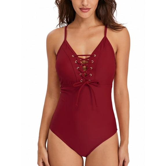 Csndyce Women One Piece Swimsuit Backless Halter Bathing Suit Solid Color Sexy V Neck Lace Up Bikini