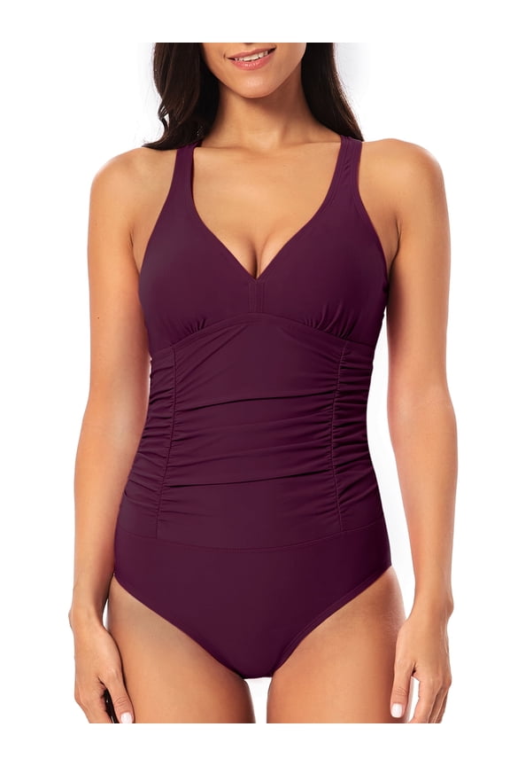 Women One Piece Swimsuits V Neck Tummy Control Ruched Criss Cross-Back Bathing Suit Female
