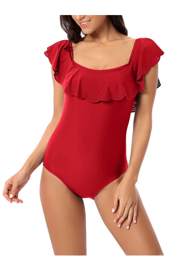 Women's Ruffled One Piece Swimsuits off Shoulder Tummy Control Halter Bathing Suit Female