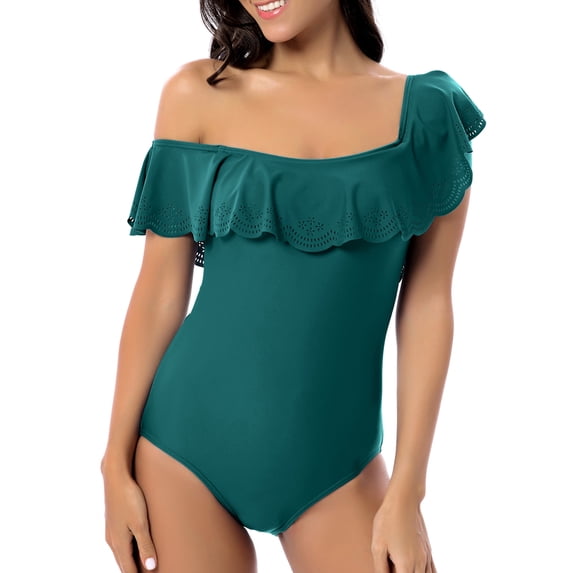 Csndyce Women's Ruffled One Piece Swimsuits off Shoulder Tummy Control Halter Bathing Suit Female