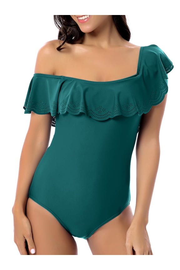 Women's Ruffled One Piece Swimsuits off Shoulder Tummy Control Halter Bathing Suit Female