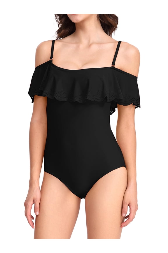 Women's Ruffled One Piece Swimsuits off Shoulder Tummy Control Halter Bathing Suit Female