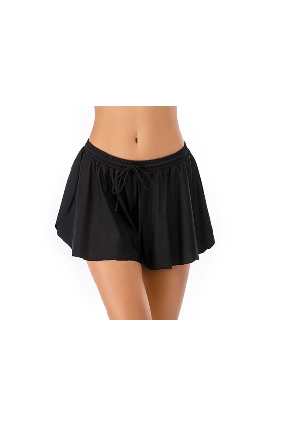 Women's Swim Skirt High Waist Black Ruffle Trim Swimsuit Bottoms Swimming Skort 2-in-1 Skirt