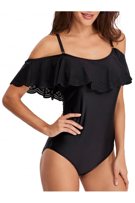 Womens One Piece Swimsuits Ruffles off Shoulder Tummy Control Halter Bathing Suits Female