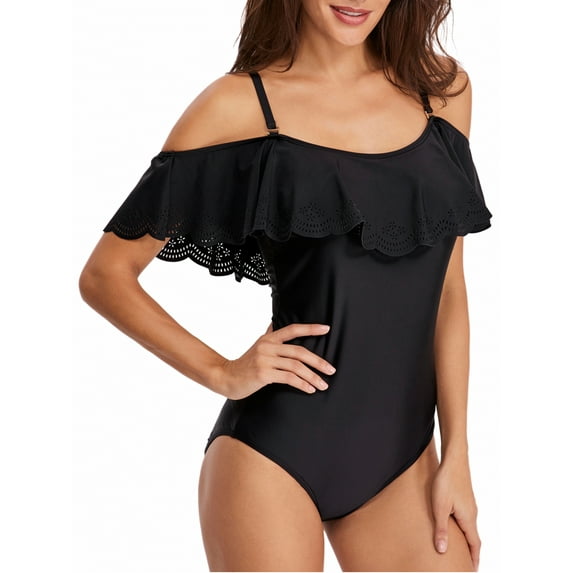 Csndyce Womens One Piece Swimsuits Ruffles off Shoulder Tummy Control Halter Bathing Suits Female