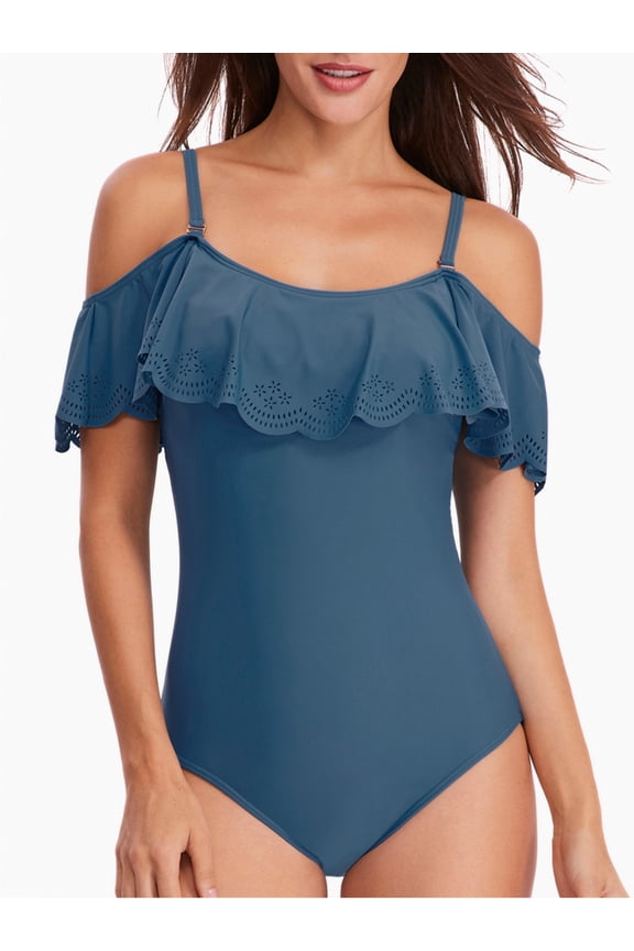 Womens One Piece Swimsuits Ruffles off Shoulder Tummy Control Halter Bathing Suits Female