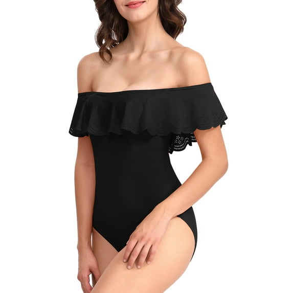 Csndyce off Shoulder One Piece Swimsuits Women Bathing Suits Tummy Control Sexy Halter Bikini Female