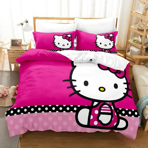 Csrtoonstore 3-Piece Anime Sanrio Hello Kitty Duvet Cover Sets, Queen