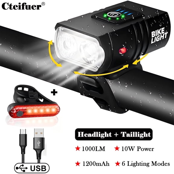 Cteifuer 1000 Lumen Rechargeable Bicycles Light for Night Ride,IPX5 Waterproof Mountain Bike Front & Rear Light Set