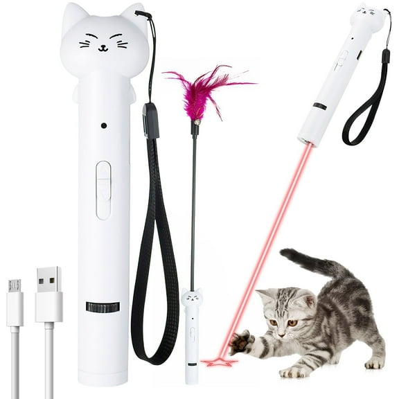 Cteifuer 2 in 1 Cat Laser Pointer Toy: USB Recharge Laser Pointer - Interactive Toy for Cat Kitten Dog - Cat Feather Teaser Toy Detachable