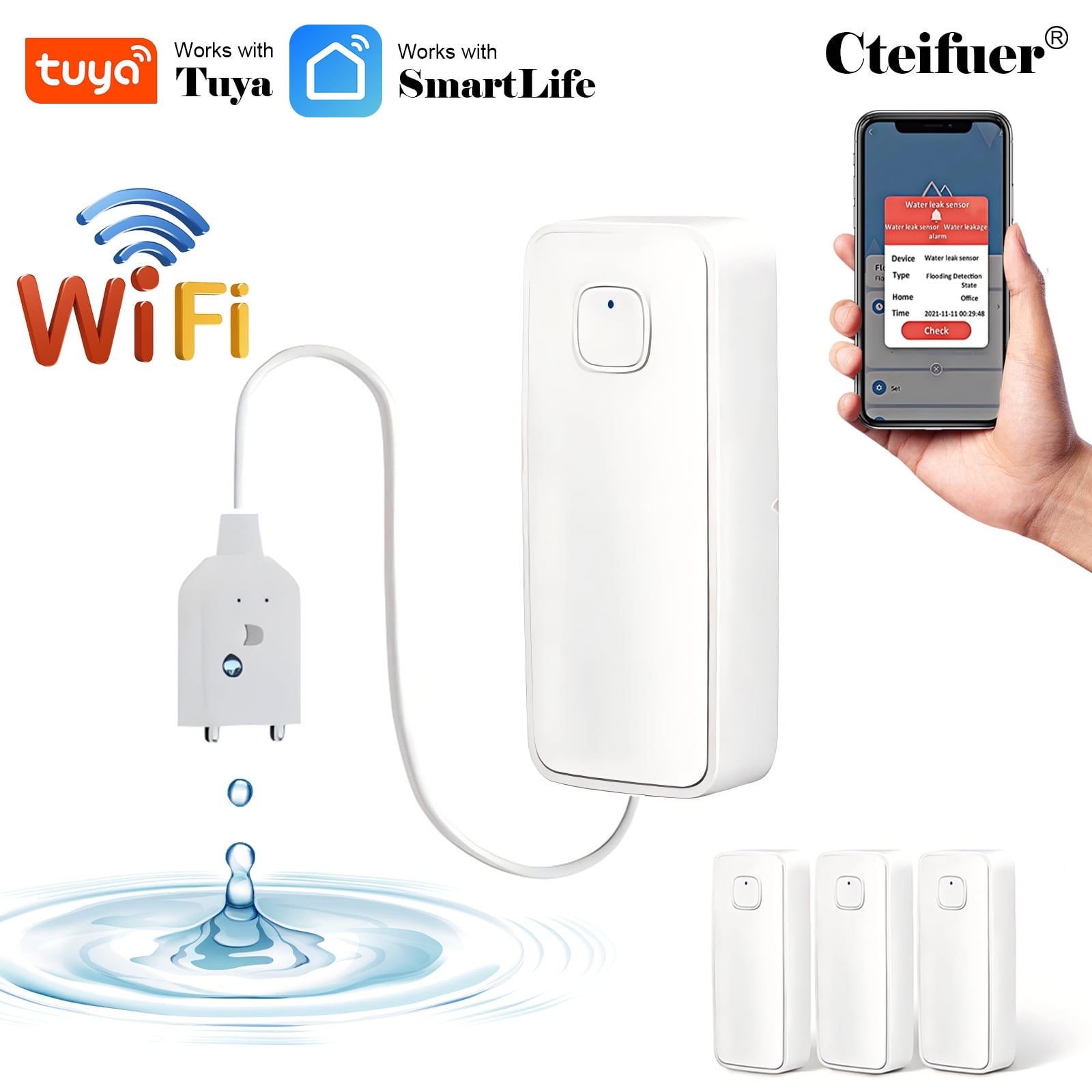 Cteifuer 3 Pack Smart Wi-Fi Water Leak Sensor, Flood Overflow Sensor ...