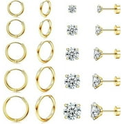 Cterwk 10 Pairs Earrings Sets for Multiple Piercing, 14K Gold Plated Small Huggie Hoop Earrings, Flat Back Ball CZ Stud Earrings