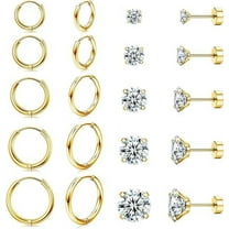 Cterwk 10 Pairs Earrings Sets for Multiple Piercing, 14K Gold Plated Small Huggie Hoop Earrings, Flat Back Ball CZ Stud Earrings