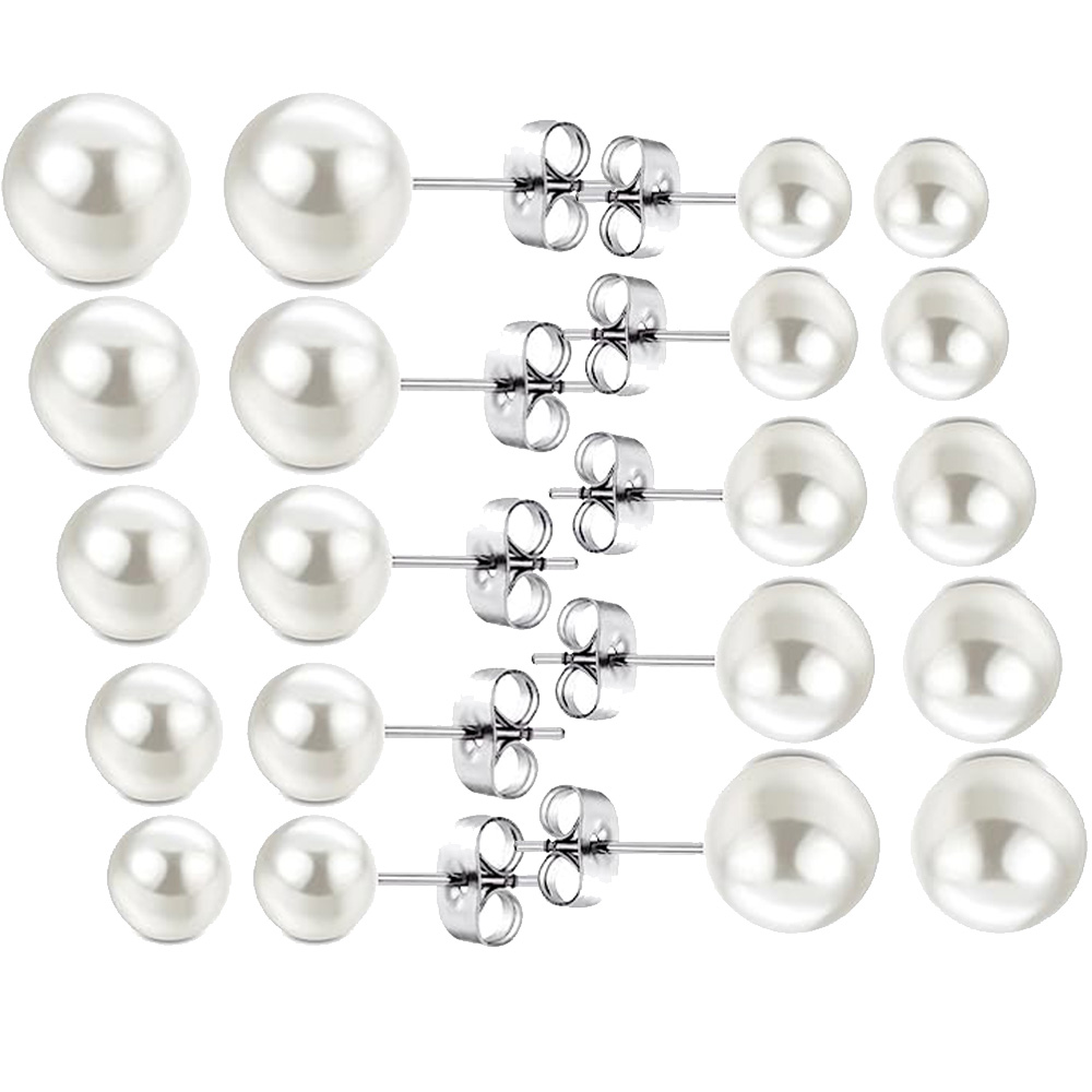 Cterwk 10 Pairs Faux Pearl Stud Earrings Stainless Steel Hypoallergenic