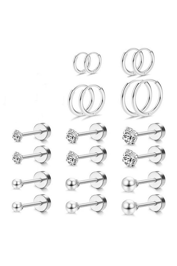 10 Pairs Stud Earrings Stainless Steel Earring 14K Plated Small Hoop Earrings Ball Flat Back Earrings for Women, Silver