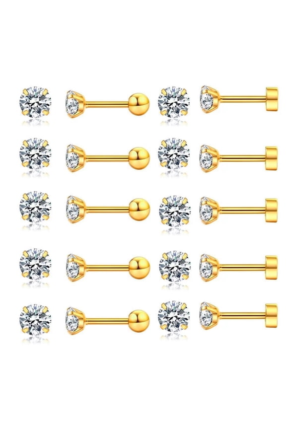 10 Pairs Stud Earrings for Women Men Flat Back Ear Piercing Set 18G Round Cubic Zirconia Earring, Gold, 2mm