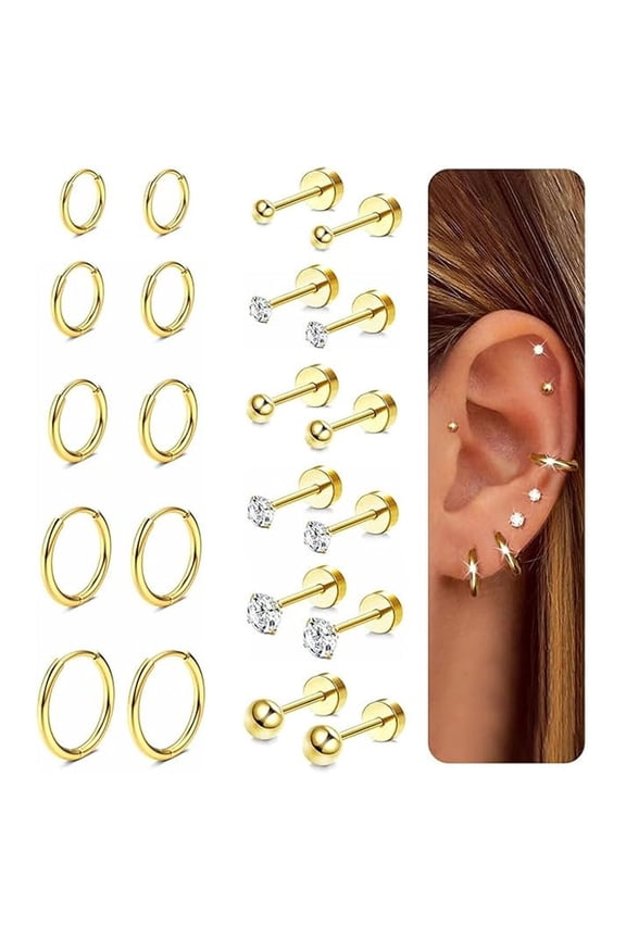11 Pairs 316L Stainless Steel Hoop Earrings Cubic Zirconia Stud Earrings for Women Men