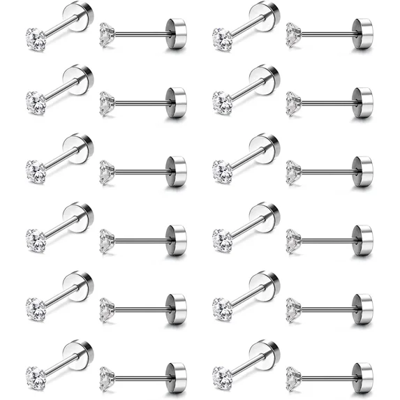 Cterwk 12 Pairs Earring Stud for Women Men 316L Surgical Stainless Steel Flat Back Earrings Set, 4MM