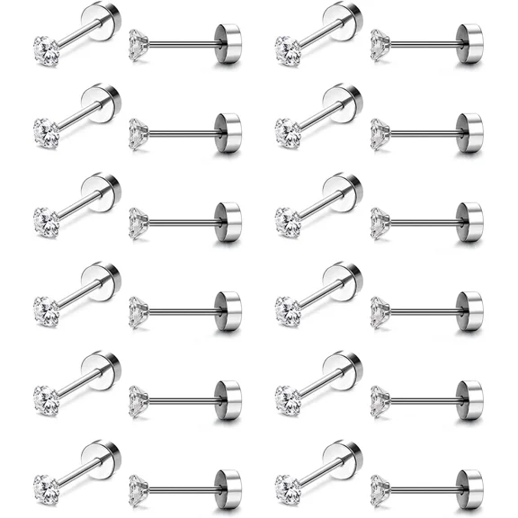 Cterwk 12 Pairs Earring Stud for Women Men 316L Surgical Stainless Steel Flat Back Earrings Set, 4MM