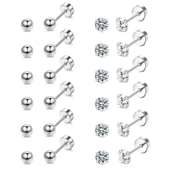 Cterwk 12 Pairs Flat Back 4mm Cubic Zirconia Stud Earrings 316L Stainless Steel Earrings for Women Men