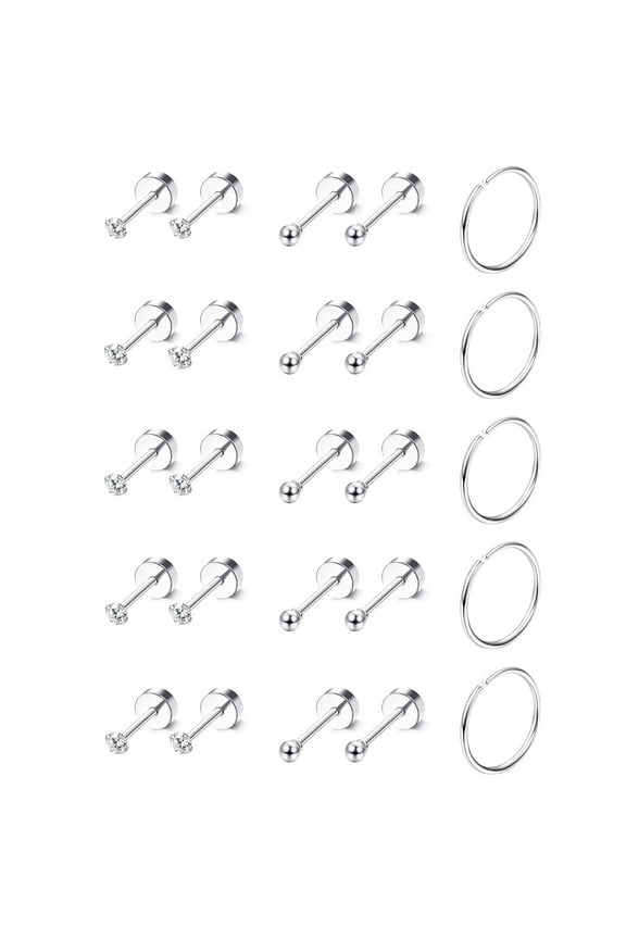 12 Pairs Stainless Steel Hoop Earring 2mm Small Ball Flat Back Stud Earrings for Women, Men, Silver