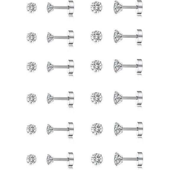 Cterwk 12 Pairs Stud Earrings 316L Stainless Steel Round Cubic Zirconia Stud Earrings Set Screw Flat Back Earrings for Men Women 2MM-3MM