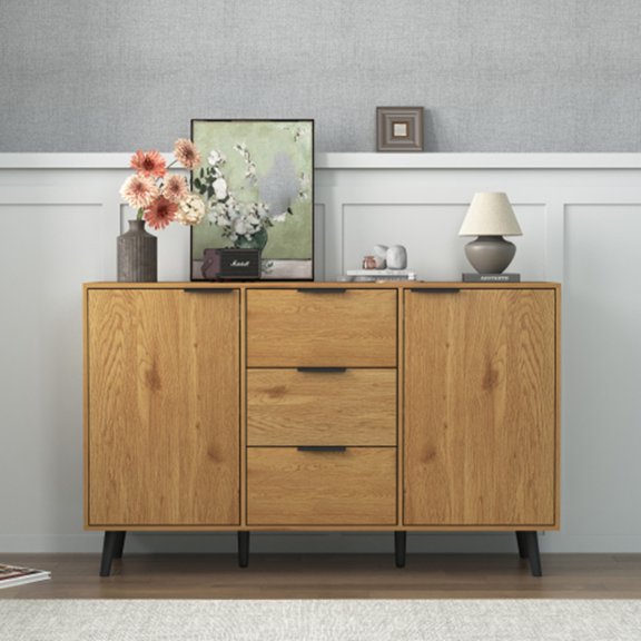 Cterwk 2 Doors Coffee Bar Cabinet with 3 Drawers and Shelves, Wood Sideboard Buffet Cabinet for Kitchen, Living Room, Brown