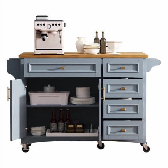 Cterwk 2 Doors Kitchen Island with Wheels and Towel Rack and 5 Drawers, Kitchen Cart for Kitchen, Dining Room, Blue