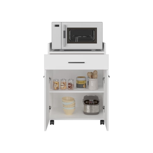 Cterwk 2 Doors Wood Kitchen Cart with Wheels and 2 Inner Shelves and 1 Drawer, White