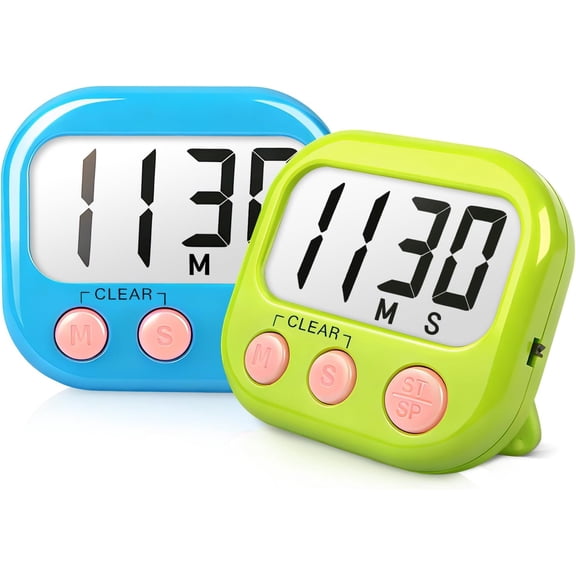 Cterwk 2 Pack Small Digital Kitchen Timer Minute Second Count Up Countdown Loud Alarm for Exercise Cook Baking, Blue+Green