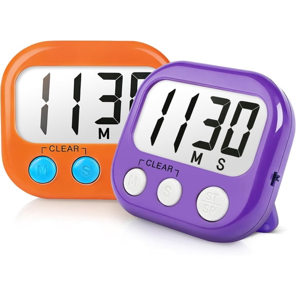 Cterwk 2 Pack Small Digital Kitchen Timer Minute Second Count Up Countdown Loud Alarm for Exercise Cook Baking, Orange+Purple