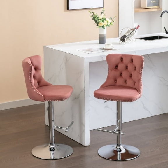 Cterwk 2 Pack Swivel Velvet Barstools with Footrest, Adjusatble Seat Height Bar Stools for Dining Room, Bar, Kitchen, Pink