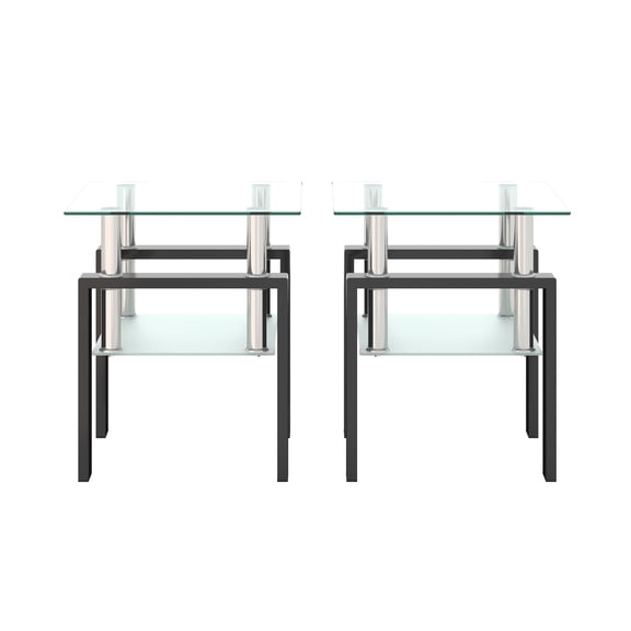 Cterwk 2 Pack Tempered Glass Tea Table with Open Shelf, Square Coffee Table End Table for Living Room, Black