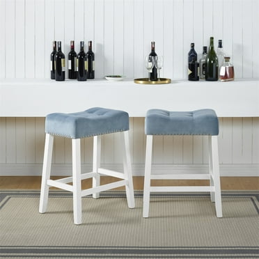 Cterwk 2 Pack Wood Frame Backless Bar Stools with Footrest, Velvet Bar Chair for Dining Room, Bar, White + Blue