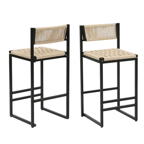 Cterwk 2 Pcs Barstools with Metal Frame, Paper Rope Weave Bar Stools for Kitchen Island, Bar, Cream White