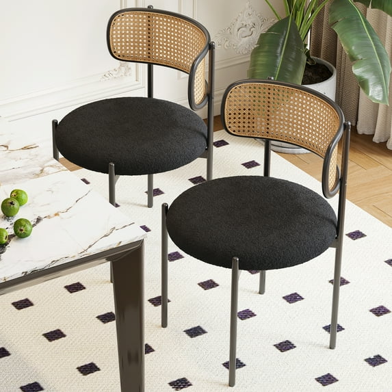Cterwk 2 Pcs Upholstered Armless Dining Chair with Metal Legs, Rattan Back Side Chair for Dining Room, Living Room, Black(Only 2 Pack Chairs)