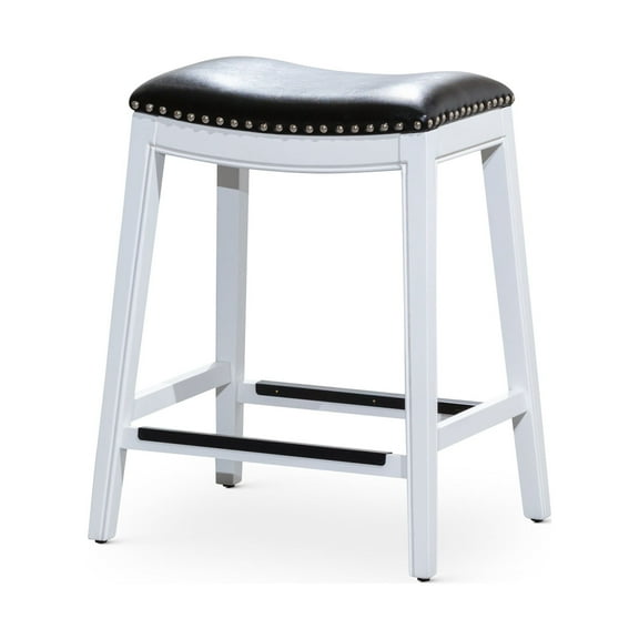 Cterwk 24" Black Leather Backless Bar Stool Wood Frame Barstool for Dining Room, Bar, White