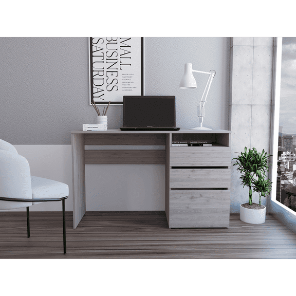 Cterwk 3 Drawers Computer Desk with 1 Shelf, Light Gray