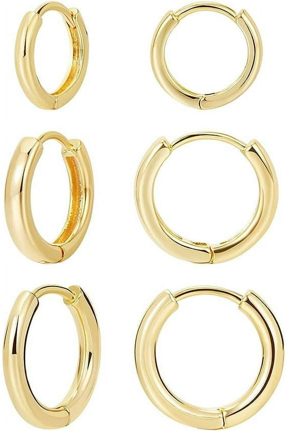 3 Pairs 14K Gold Plated Huggie Hoop Earrings for Women Men, Minimalist Gold Huggie Hoop Earrings, Gold