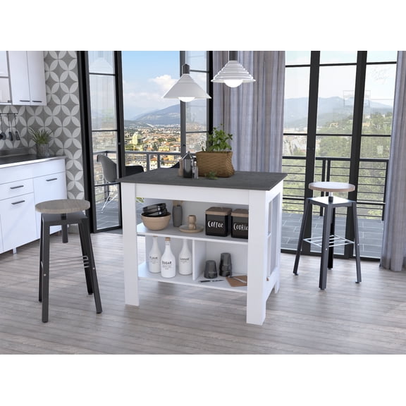 Cterwk 3 Shelf Kitchen Island, White + Light Gray