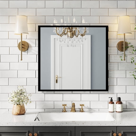 Cterwk 31.5"x29.5" Rectangle Bathroom Mirror Black Aluminum Frame Decorative Wall Mirror for Bathroom Living Room Bedroom