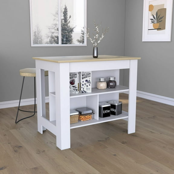Cterwk 35" H Kitchen Island Table with 3 Open Storage Shelves, White + Light Brown