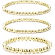 CTERWK 3PCS 14K Gold Plated Bead Ball Bracelet for Women, Stackable Adjustable Elastic Beaded Bracelet