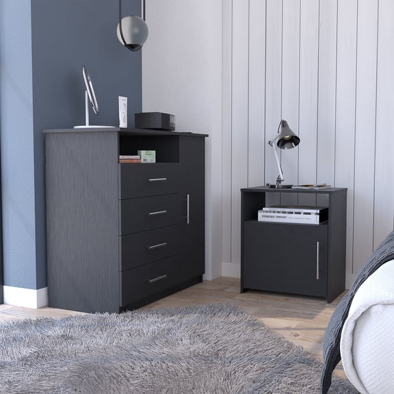 Cterwk 4 Drawer Dresser with Open Shelf and Single Door, Wood Nightstand Beside Table for Home, Living Room, Office, Black