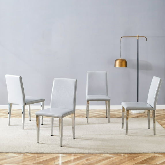 Cterwk 4 Pack PU Leather Dining Chair with Silver Metal Legs, Modern Side Chair for Living Room, Office, Dining Room, Light Gray