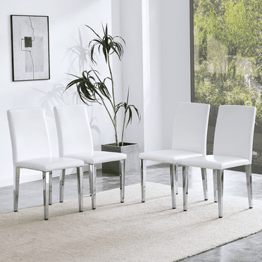 Cterwk 4 Pack PU Leather Dining Chair with Silver Metal Legs, Modern Side Chair for Living Room, Office, Dining Room, White